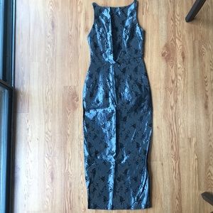 A-list by Wrapper high-neck, full length, silver dress w black jacquard flowers